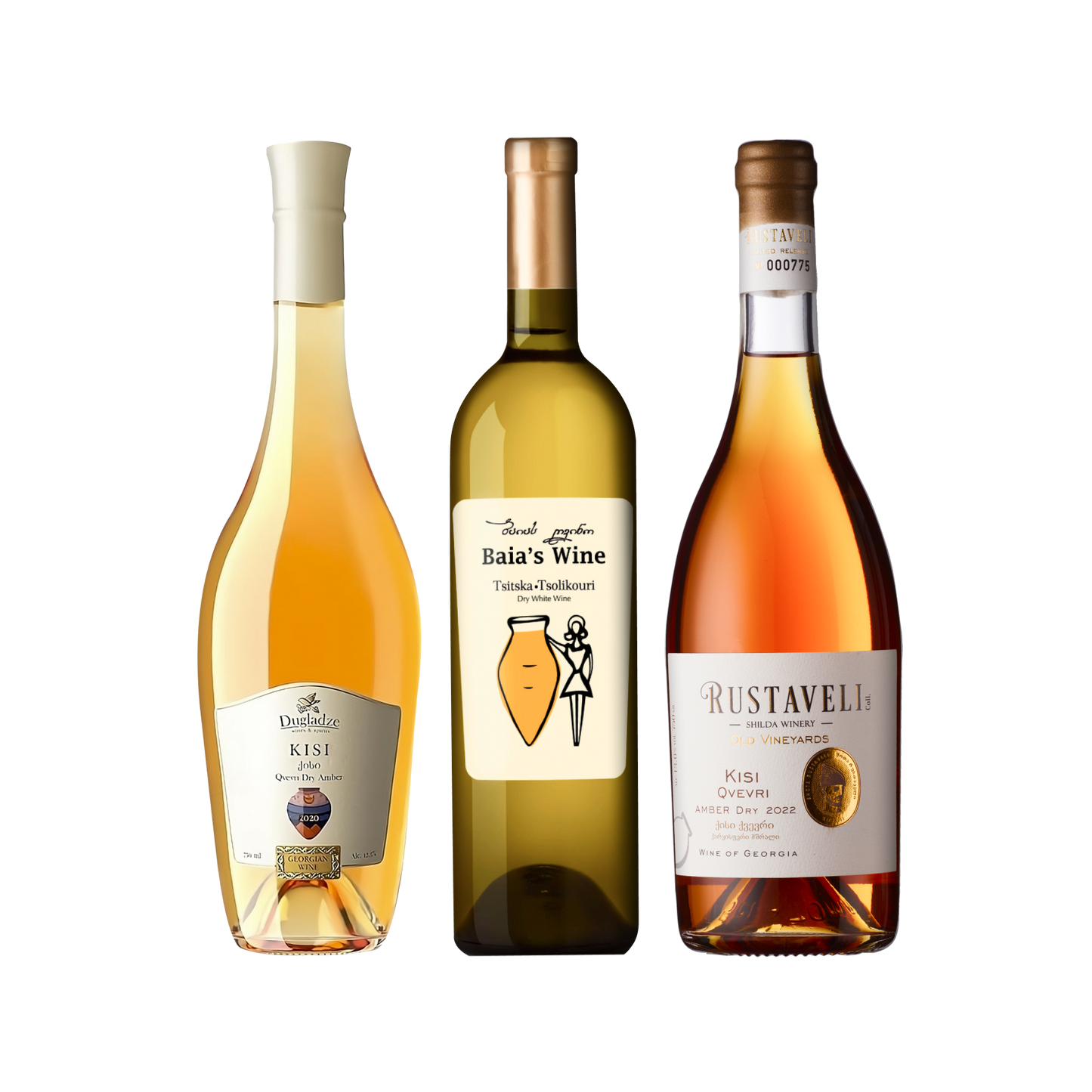 Amber Wine Trio featuring three bottles wines from Georgia: Dugladze Kisi Qvevri, Baia's Wine Tsitska-Tsolikouri, and Rustaveli Kisi Qvevri