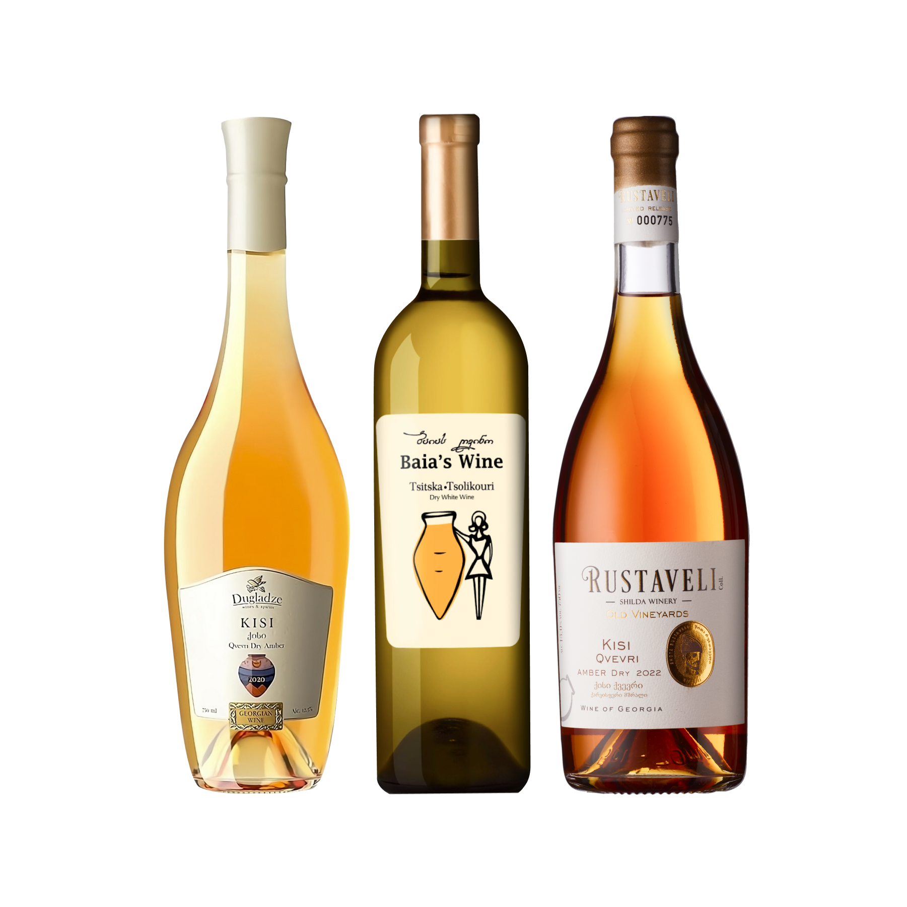 Amber Wine Trio featuring three bottles wines from Georgia: Dugladze Kisi Qvevri, Baia's Wine Tsitska-Tsolikouri, and Rustaveli Kisi Qvevri