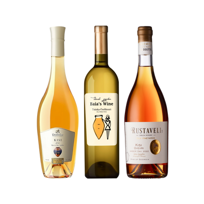 Amber Wine Trio featuring three bottles wines from Georgia: Dugladze Kisi Qvevri, Baia's Wine Tsitska-Tsolikouri, and Rustaveli Kisi Qvevri