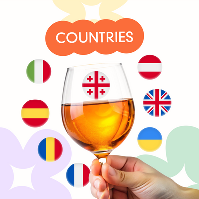 Countries Represented in Online Wine Store - Orange Wine Glass with Georgian Flag Surrounded by International Flags, Romania, United Kingdom, Germany, France, Ukraine, Austria, Spain, Italy