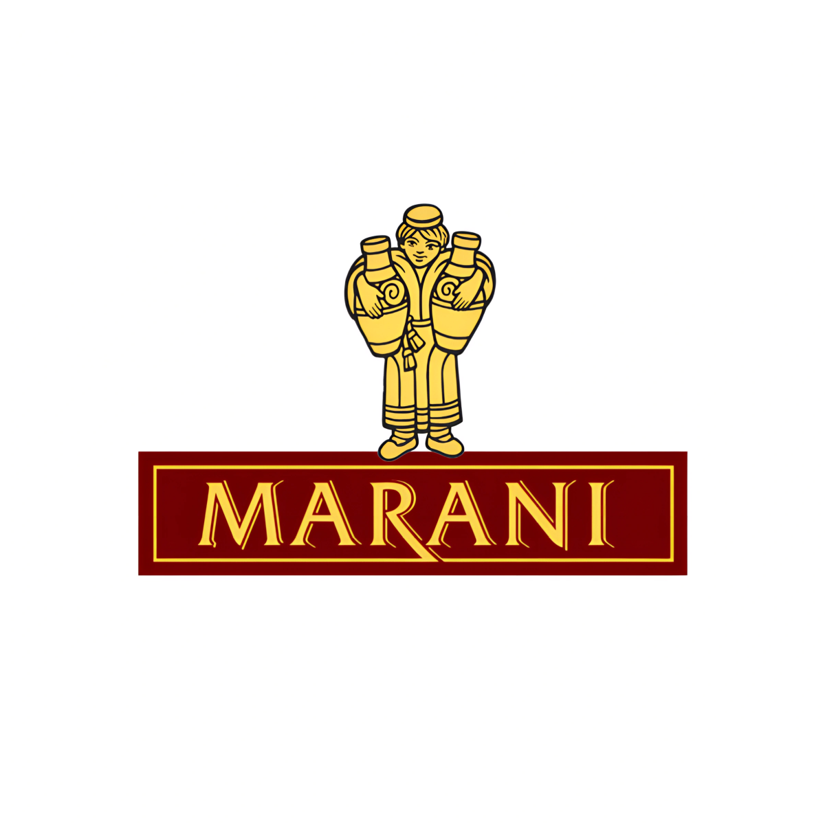 Marani Winery Logo - Traditional Georgian Wine Brand Logo with Golden Statue Holding Qvevri and Red Banner